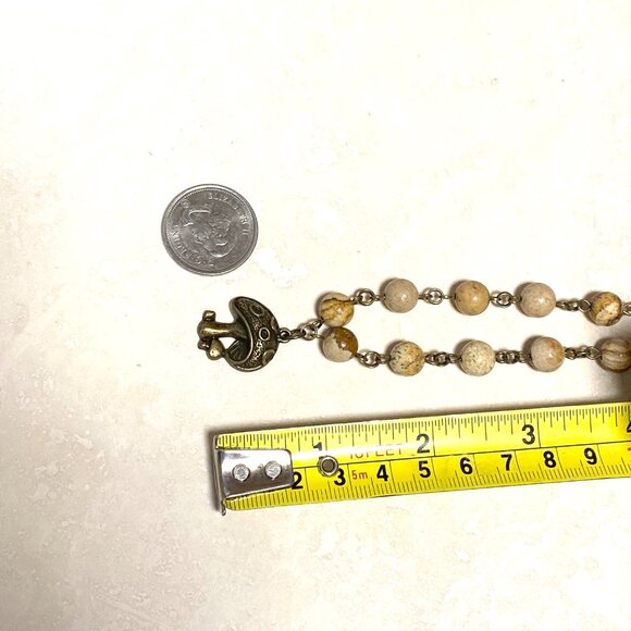 Genuine Yellow Picture Jasper Short Necklace, Bronze Round Mushroom + Gemstone - Picture 13 of 15